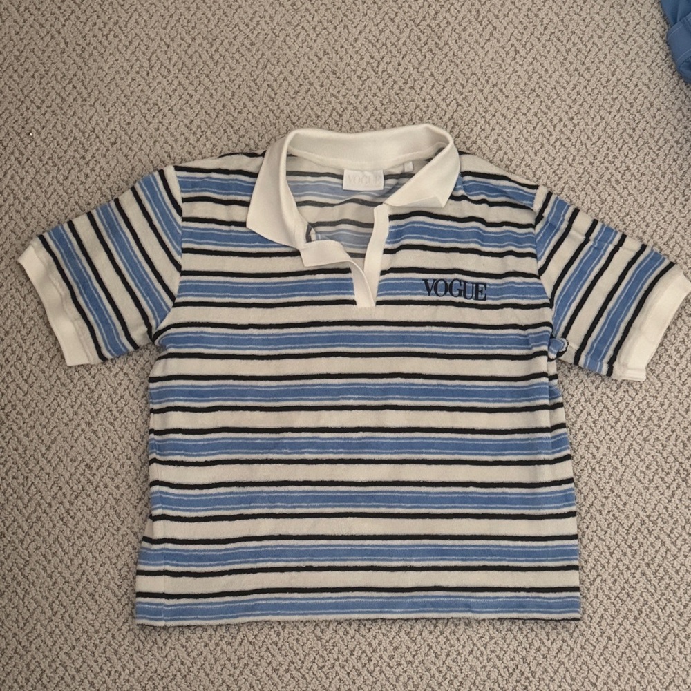 Vogue Blue, White & Black Striped Short-Sleeve Polo terry material